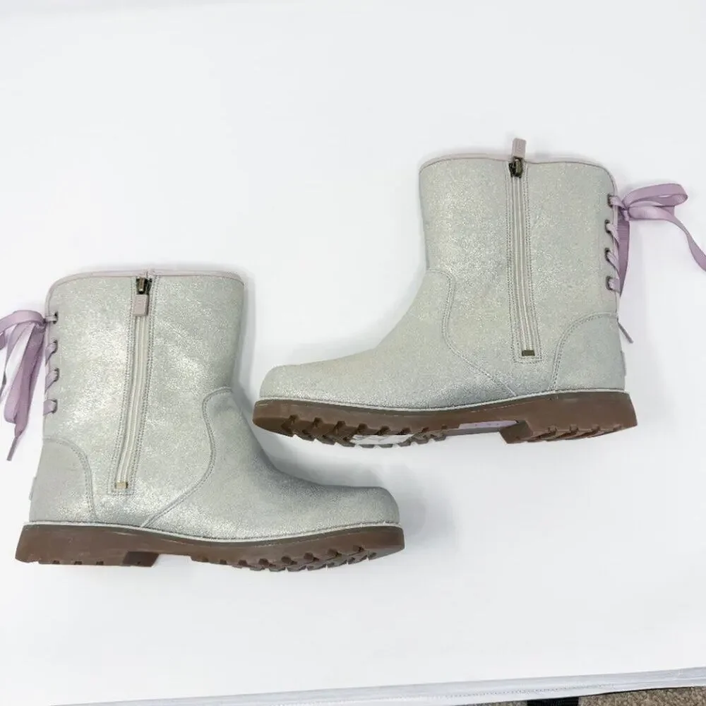 Ugg	Metallic Silver Corene Boots Size 6 Side Zip/Lace Up Back Shearling Footbed